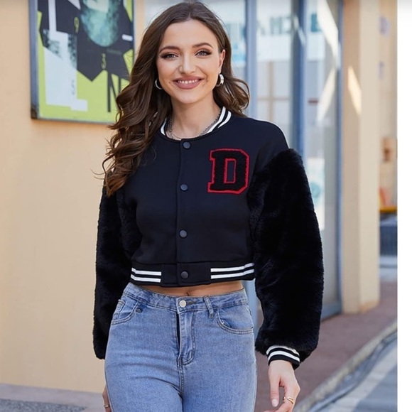 Faux Fur Sleeve Letterman Varsity Baseball Bomber Jacket Cropped Small Black - Picture 7 of 15